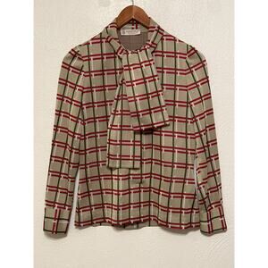 Vintage Kimberly Necktie Blouse S Green Red Geometric Print 70s Retro Mod